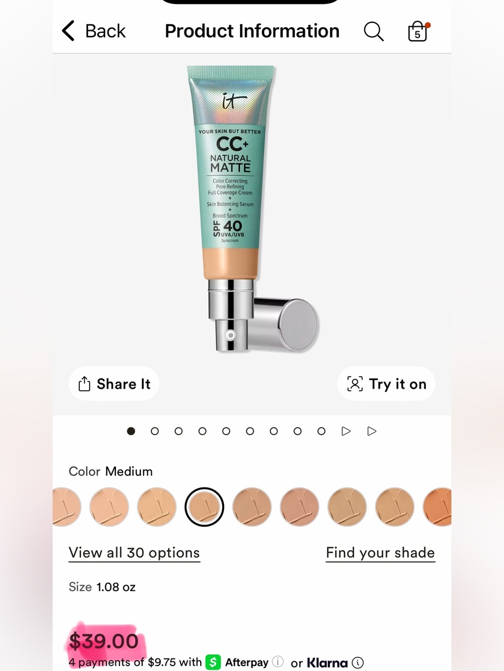 🎀It Cosmetics CC+ Oil-Free Matte Cream SPF 40 - Medium🎀